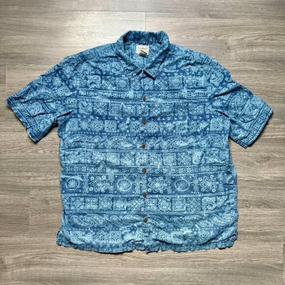 L.L. Bean Mean's Tropics Camp Button Up Shirt - Blue